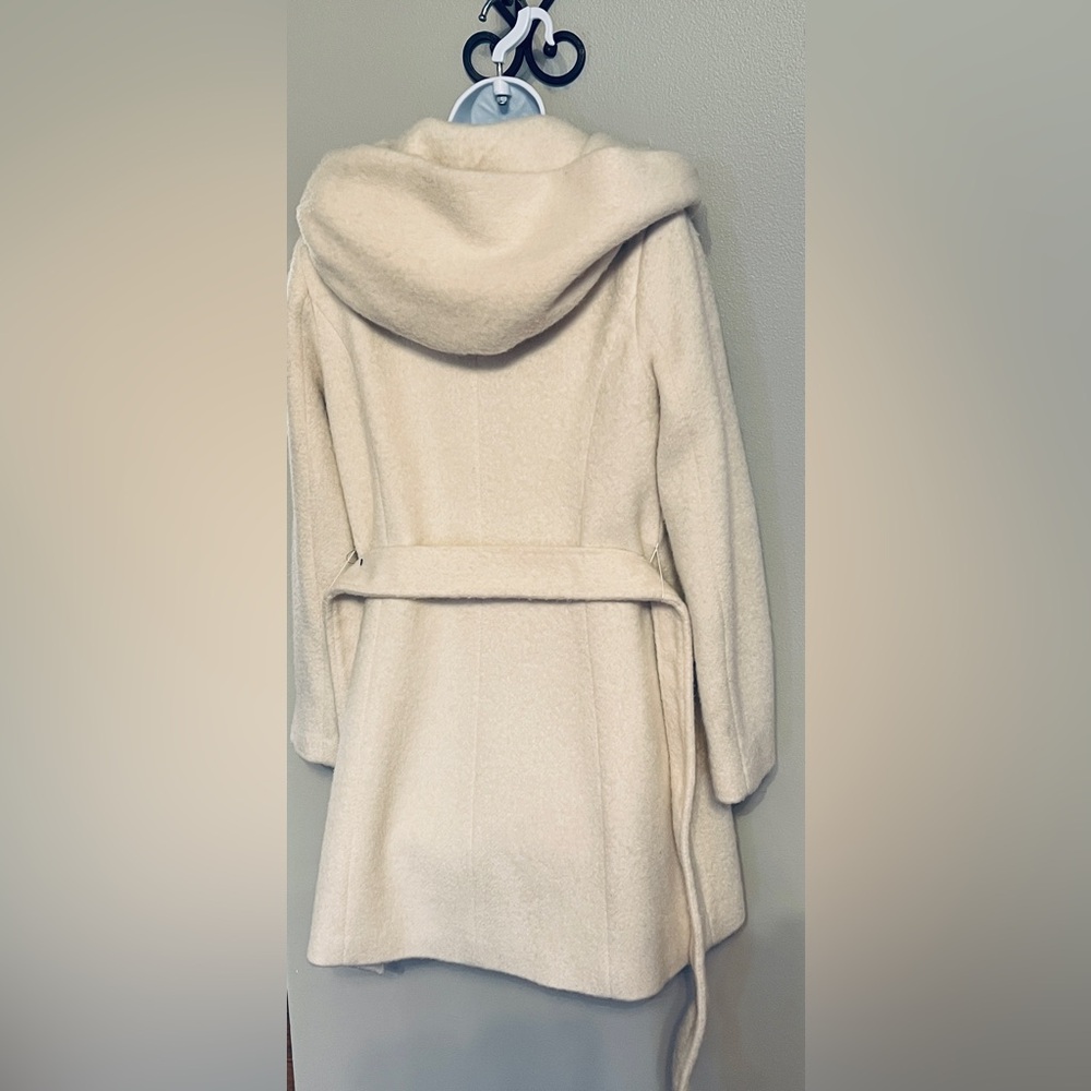 Cole Haan Cream Hooded Belted Wool Blend Coat - Picture 5 of 7